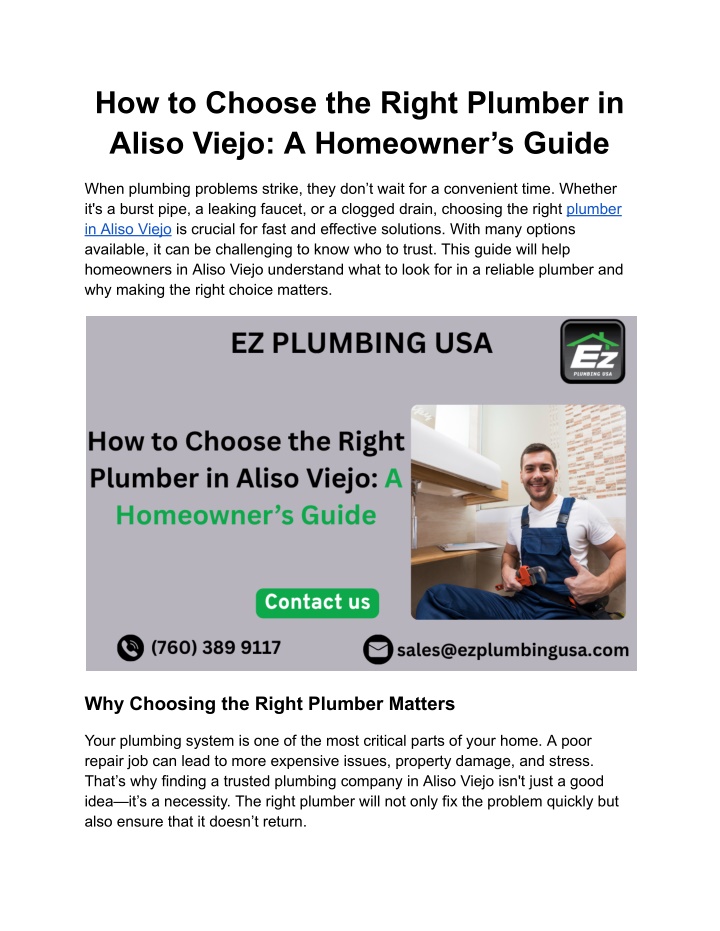 how to choose the right plumber in aliso viejo