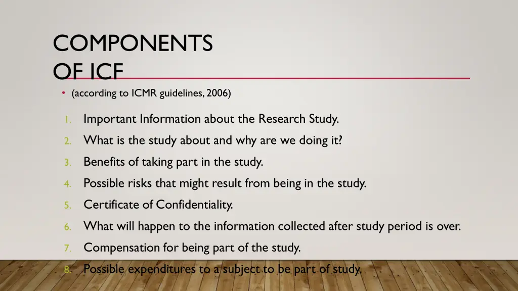 components of icf according to icmr guidelines