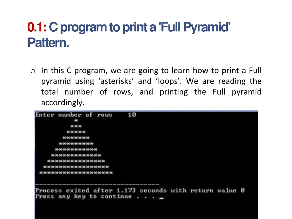0 1 c program to print a full pyramid pattern