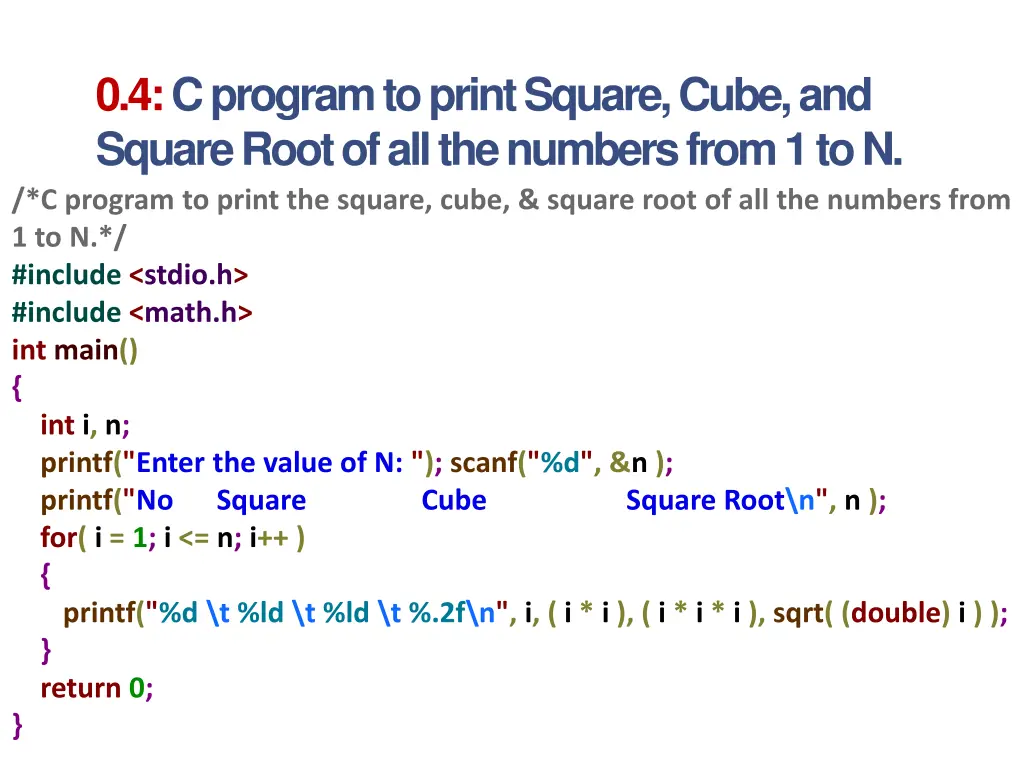 0 4 c program to print square cube and square 2