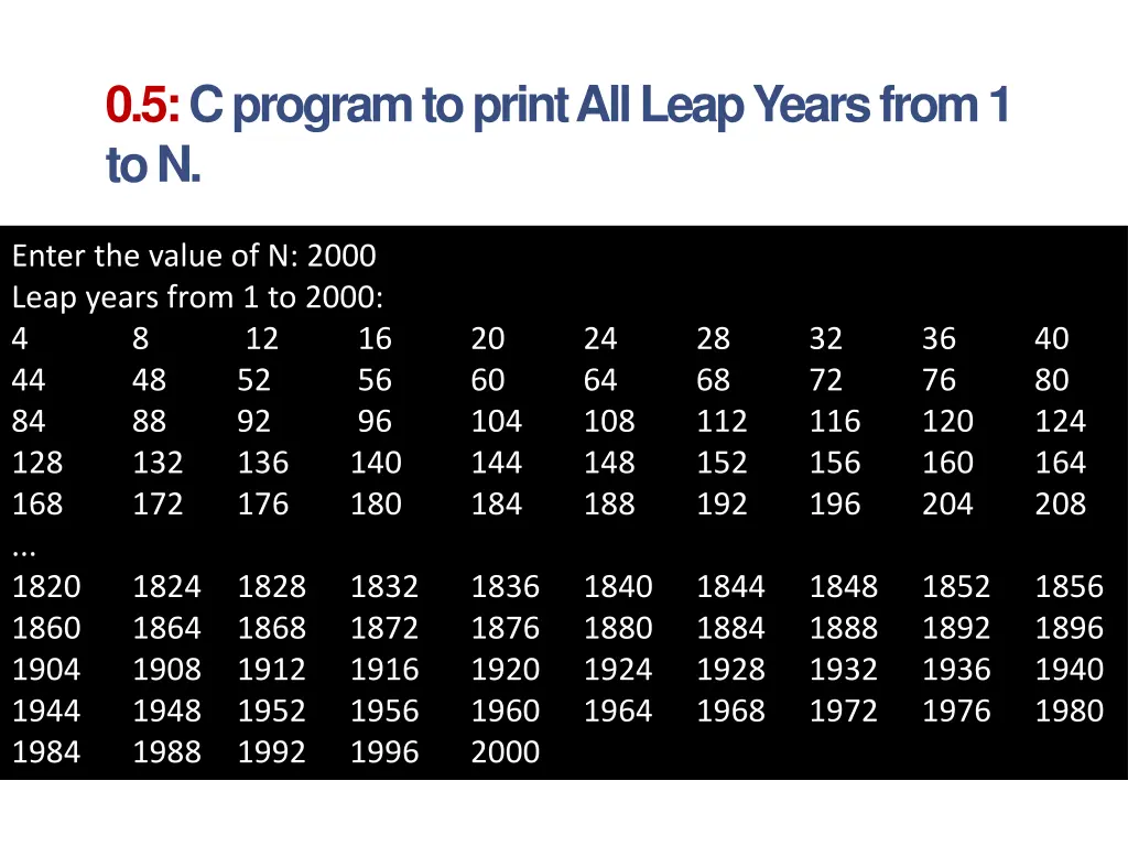 0 5 c program to print all leap years from 1 to n 1