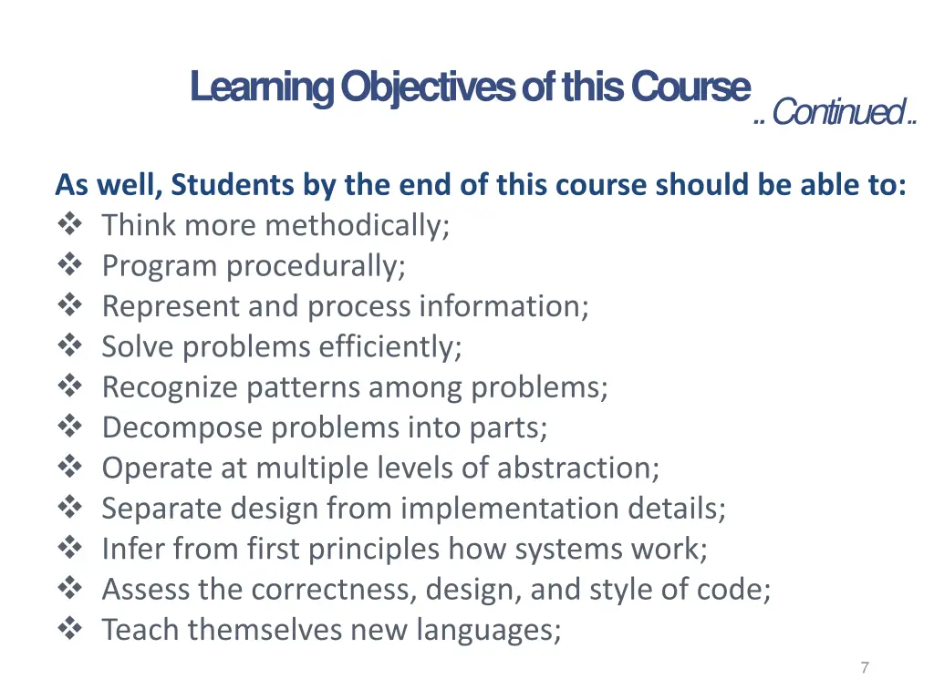 learning objectives of this course 1