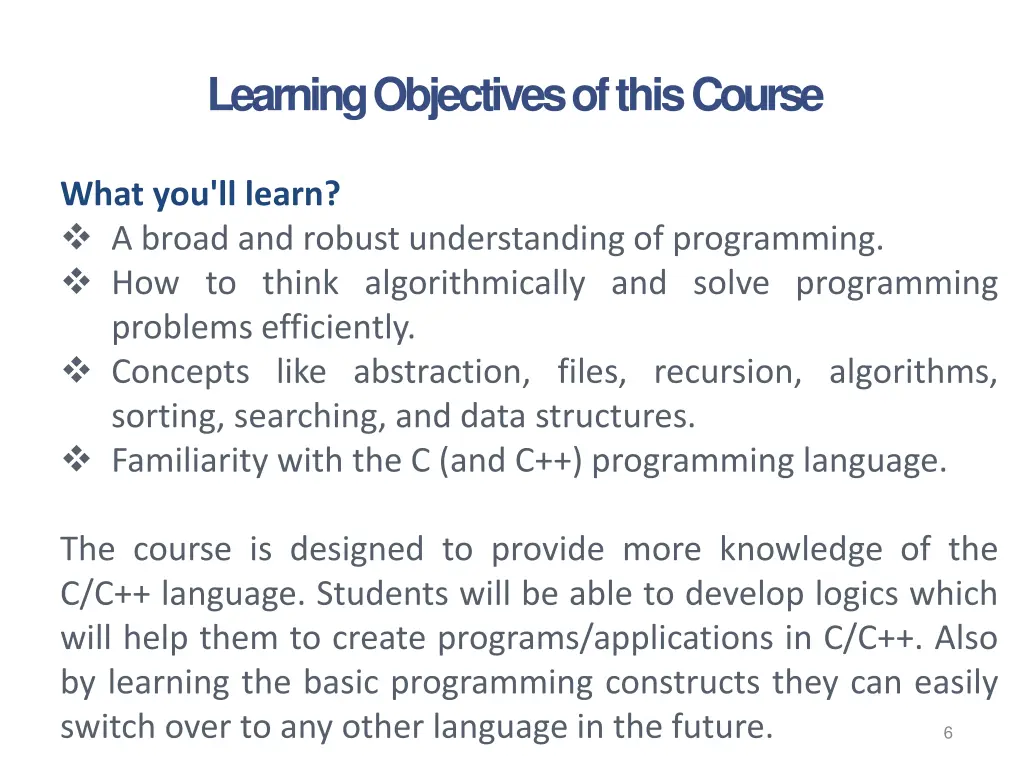 learning objectives of this course