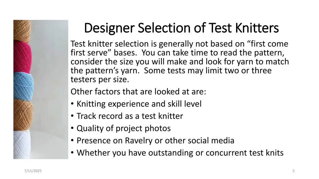 designer selection of test knitters designer