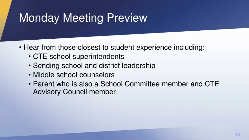 monday meeting preview