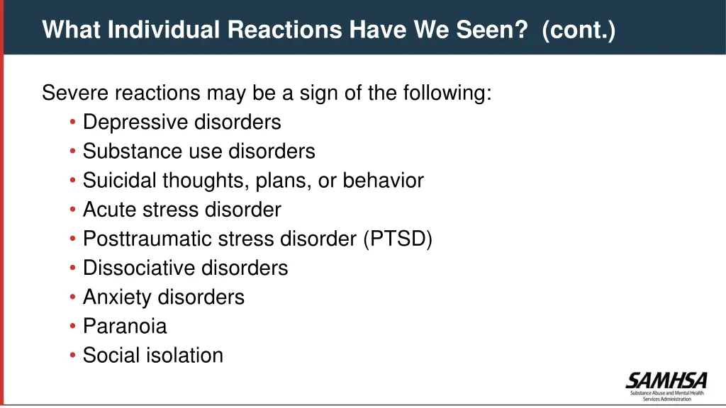 what individual reactions have we seen cont 2