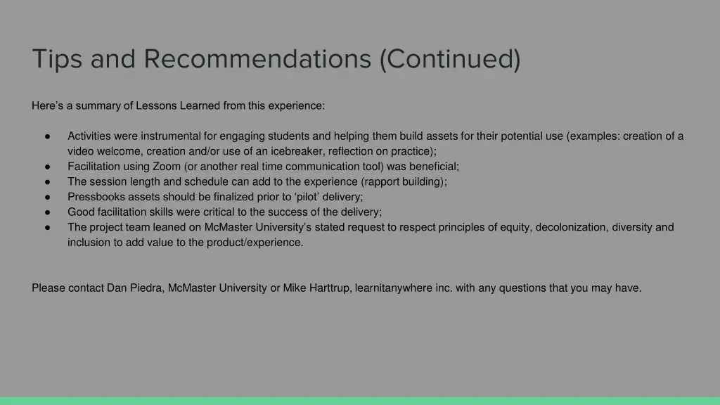 tips and recommendations continued