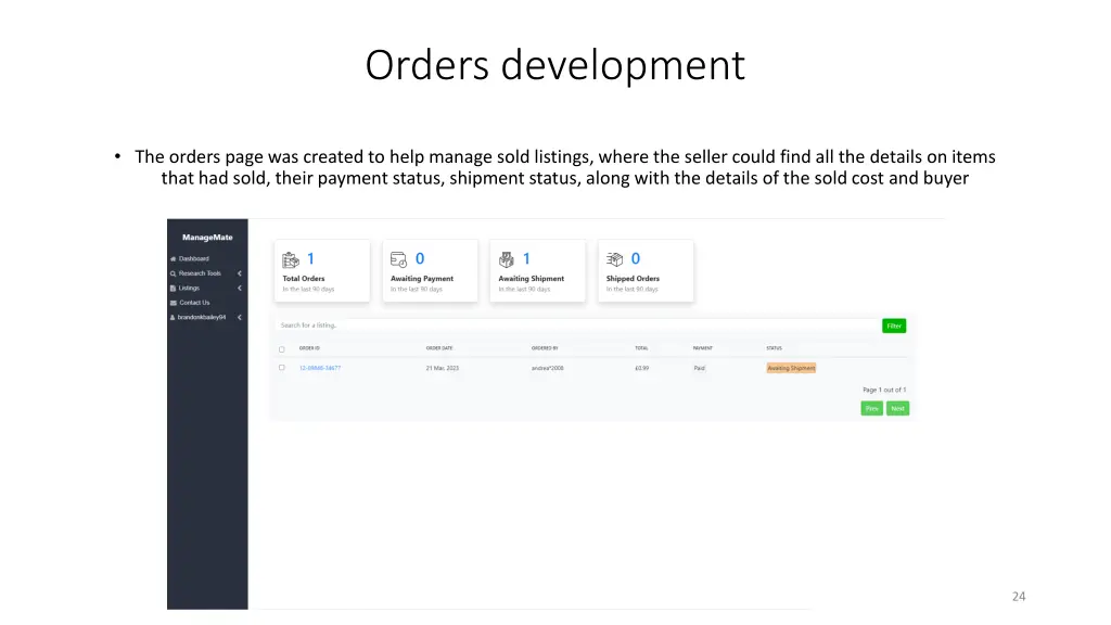 orders development