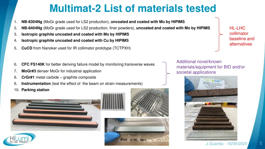 multimat 2 list of materials tested