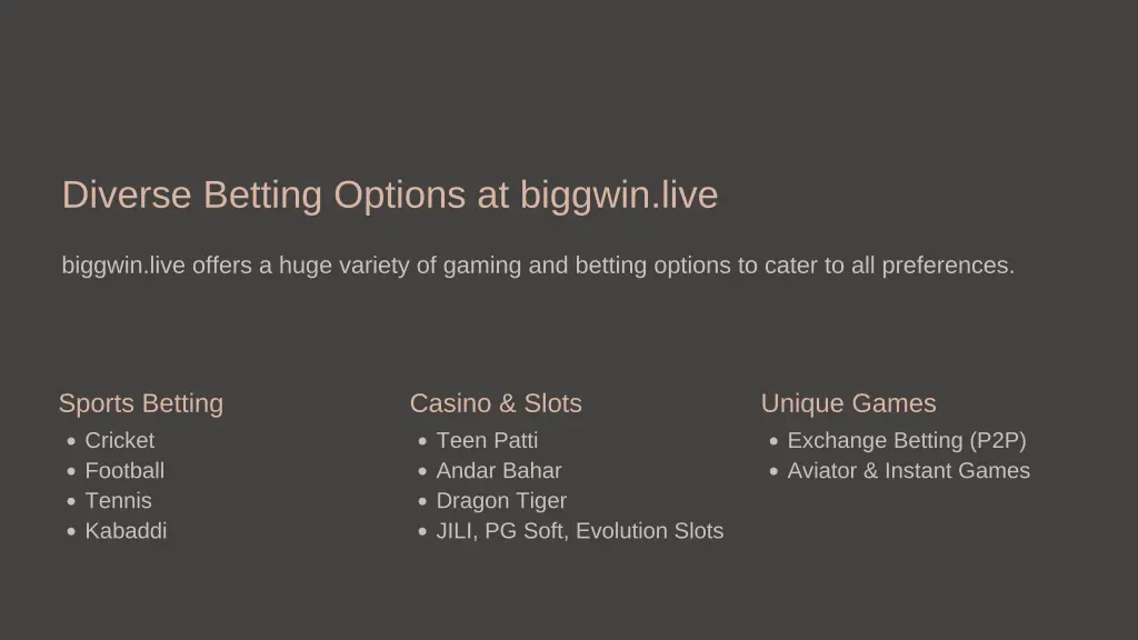 diverse betting options at biggwin live