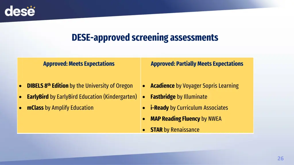 dese approved screening assessments