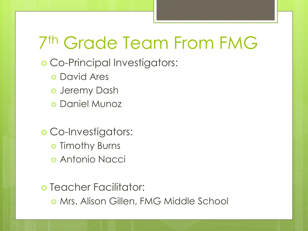 7 th grade team from fmg co principal