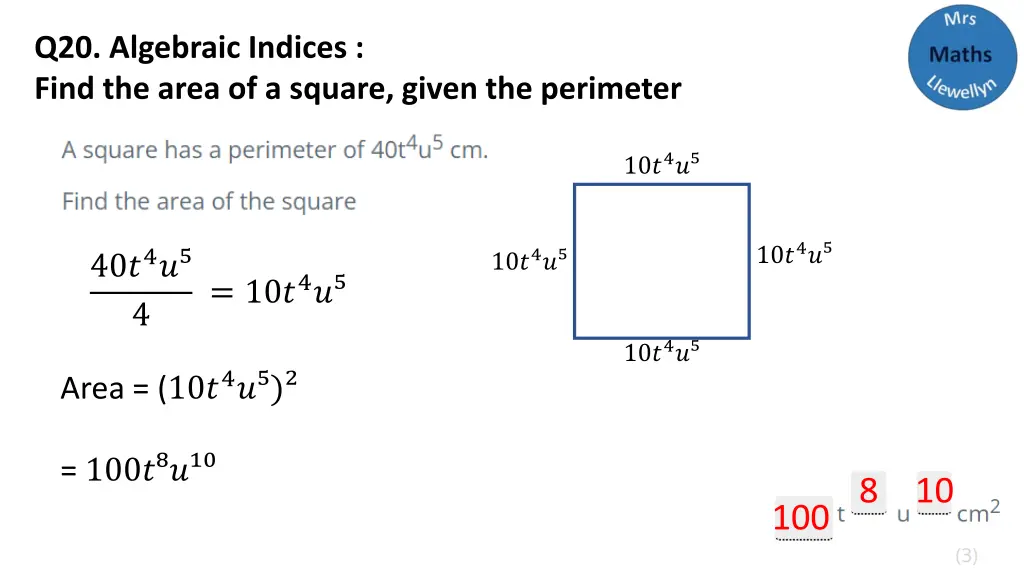 q20 algebraic indices find the area of a square