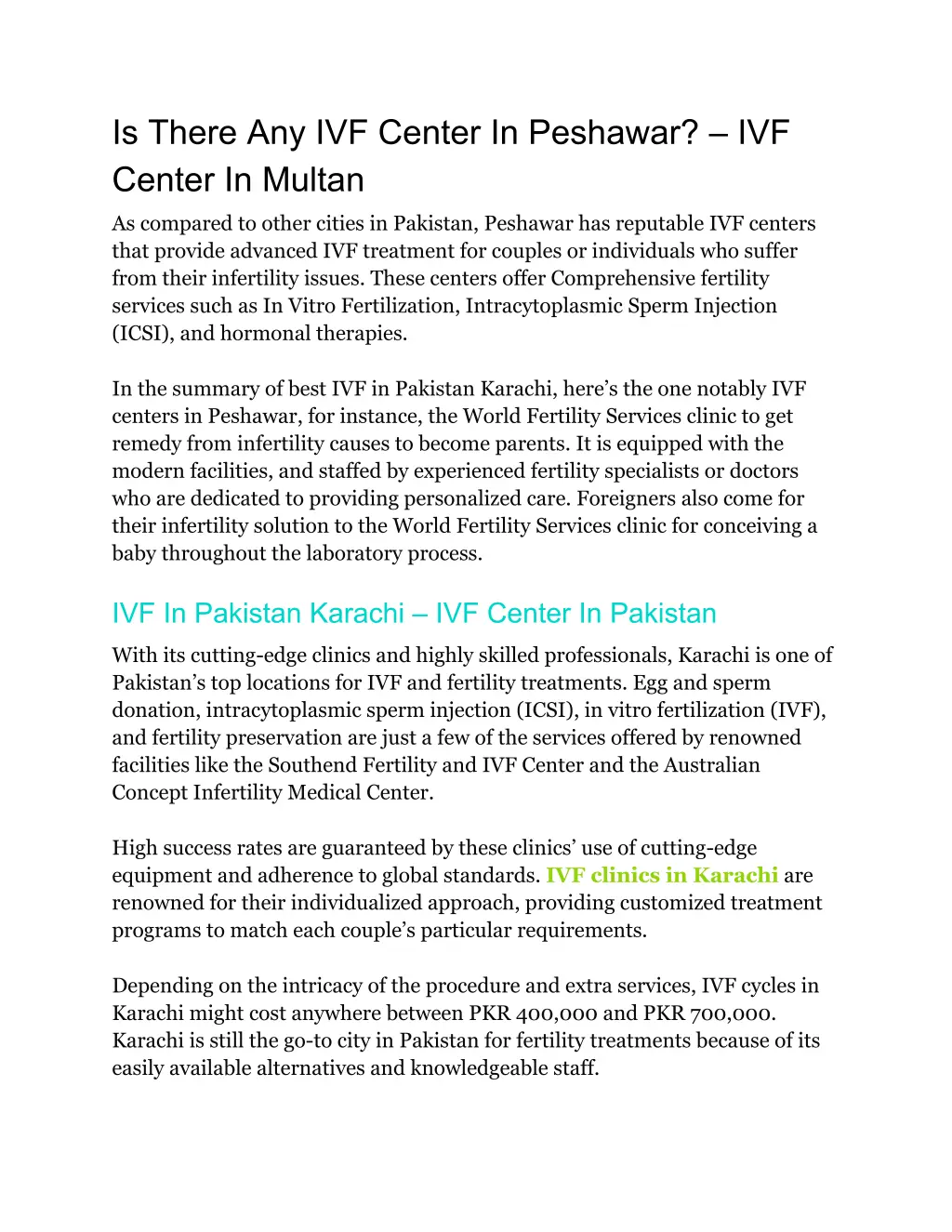 is there any ivf center in peshawar ivf center