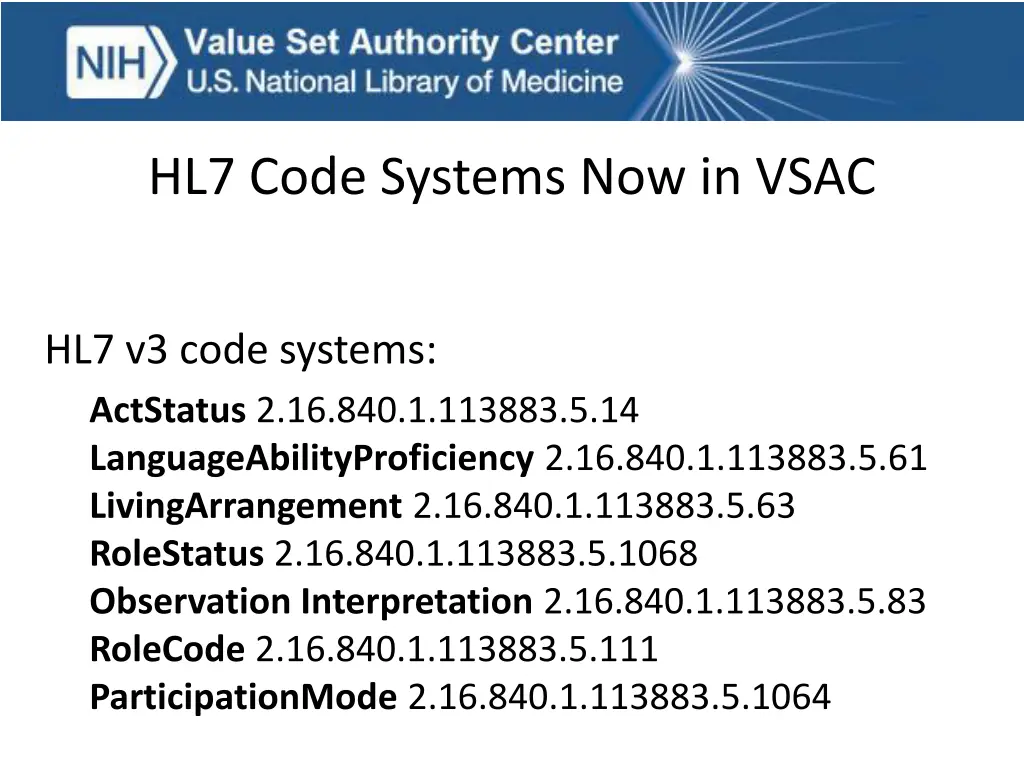 hl7 code systems now in vsac
