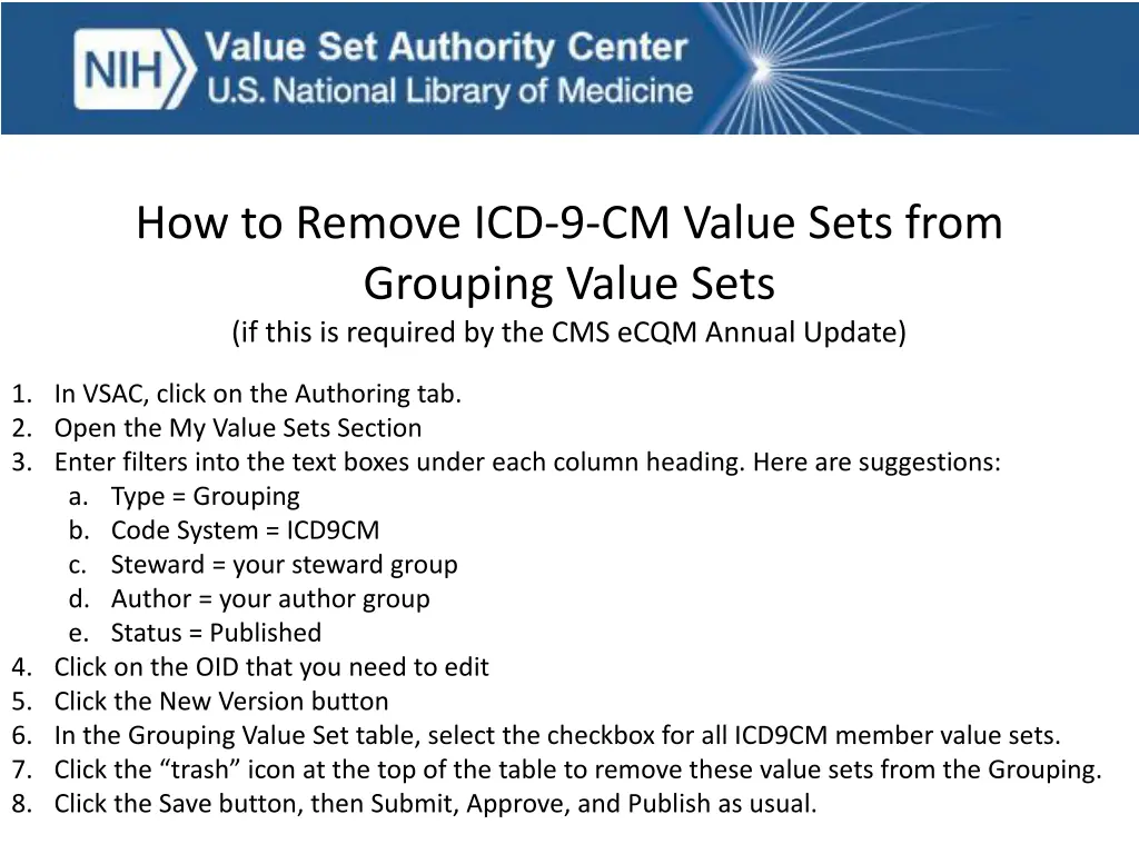 how to remove icd 9 cm value sets from grouping