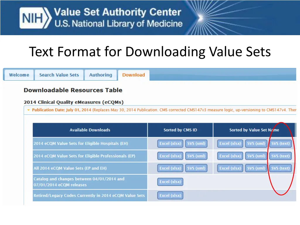 text format for downloading value sets 1