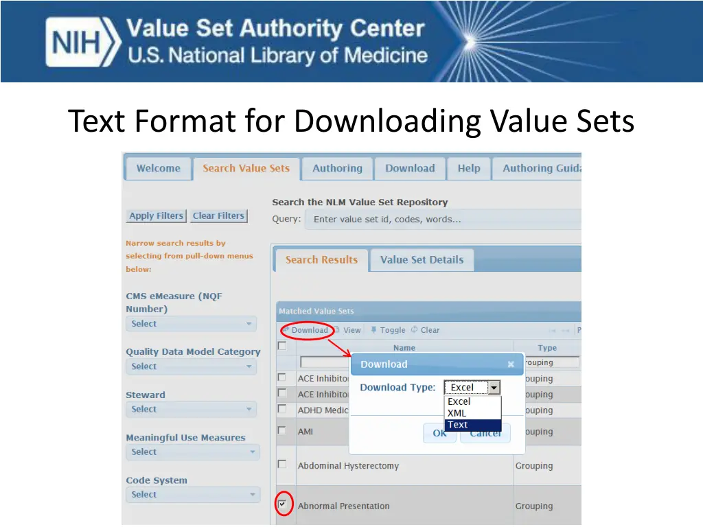 text format for downloading value sets