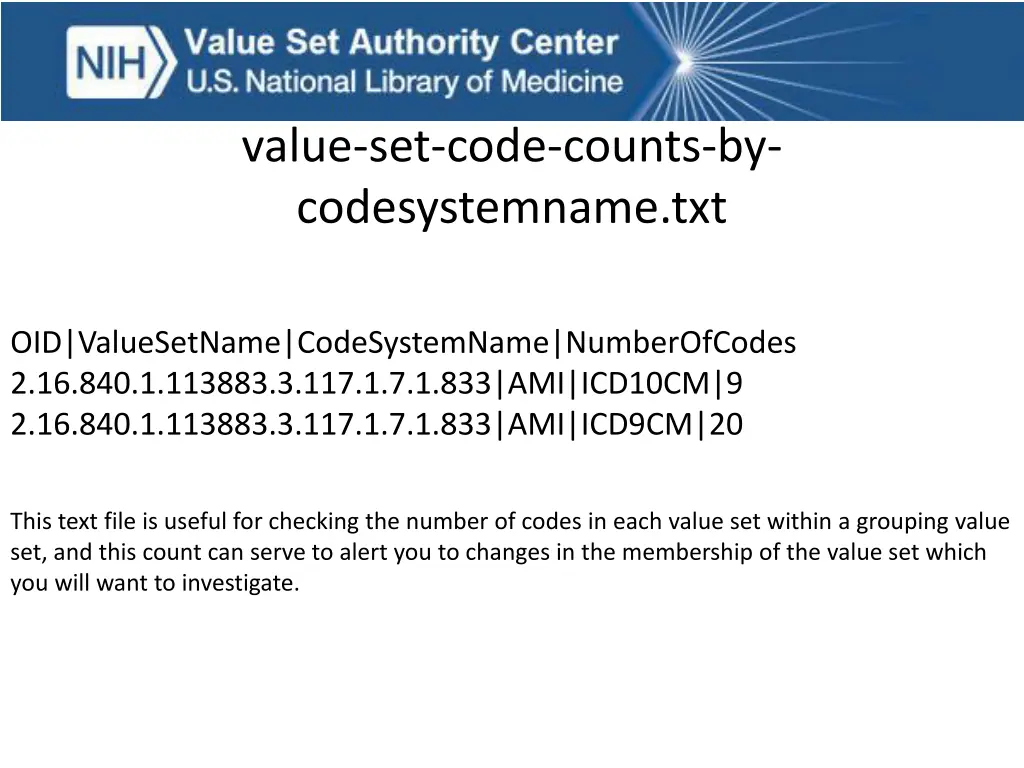 value set code counts by codesystemname txt