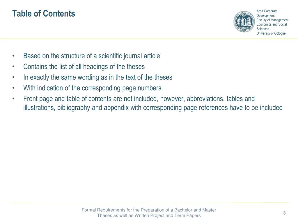 table of contents