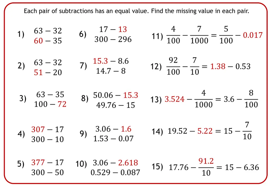 each pair of subtractions has an equal value find 1