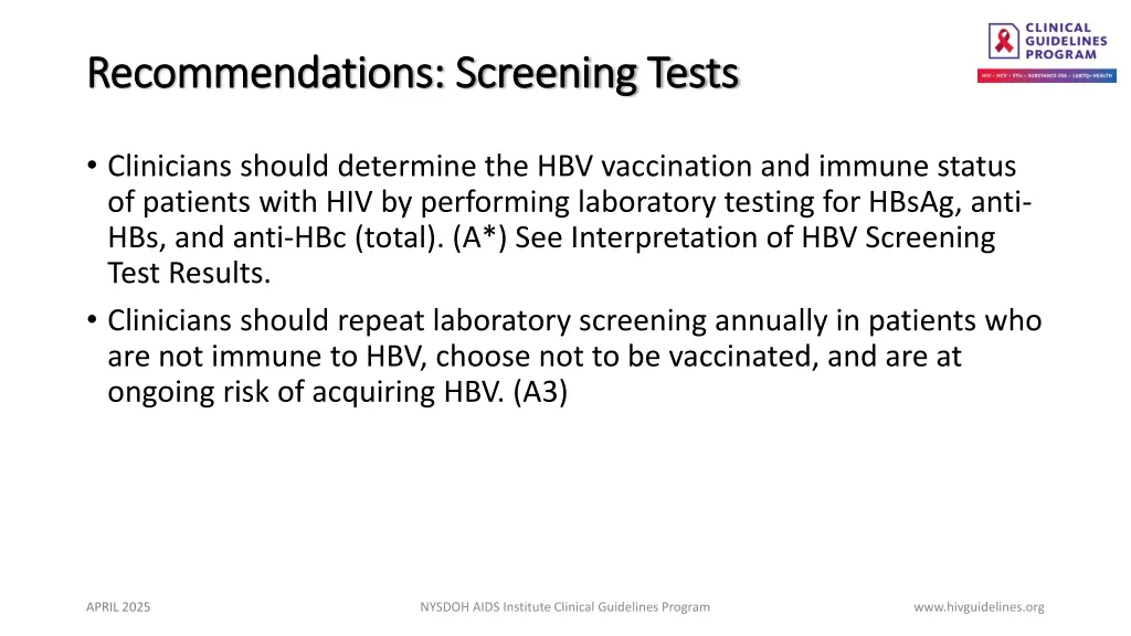 recommendations screening tests recommendations