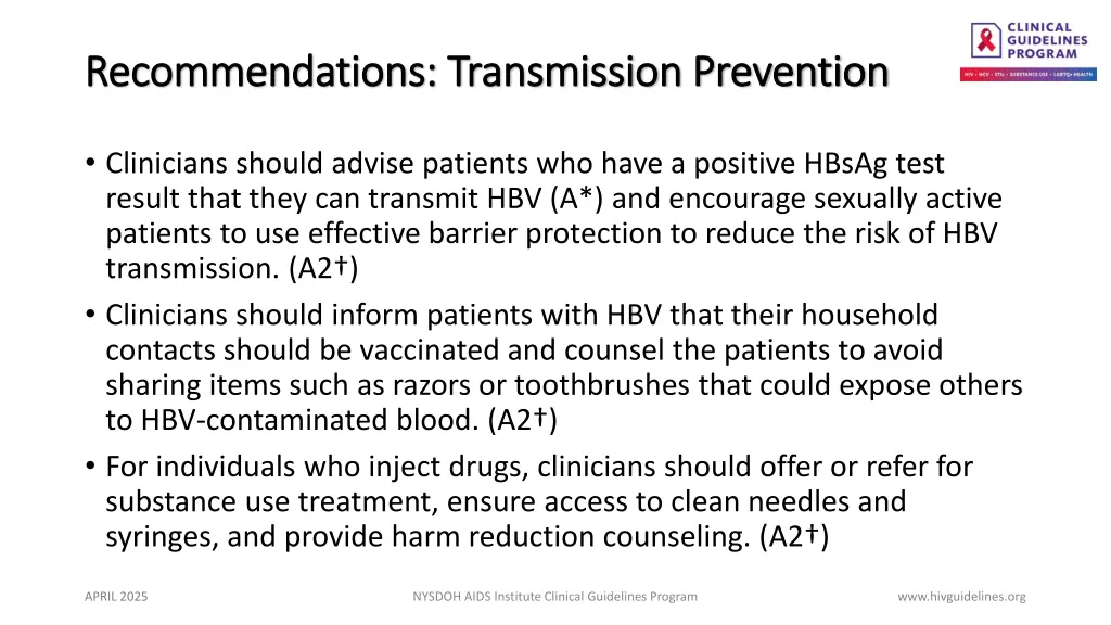recommendations transmission prevention