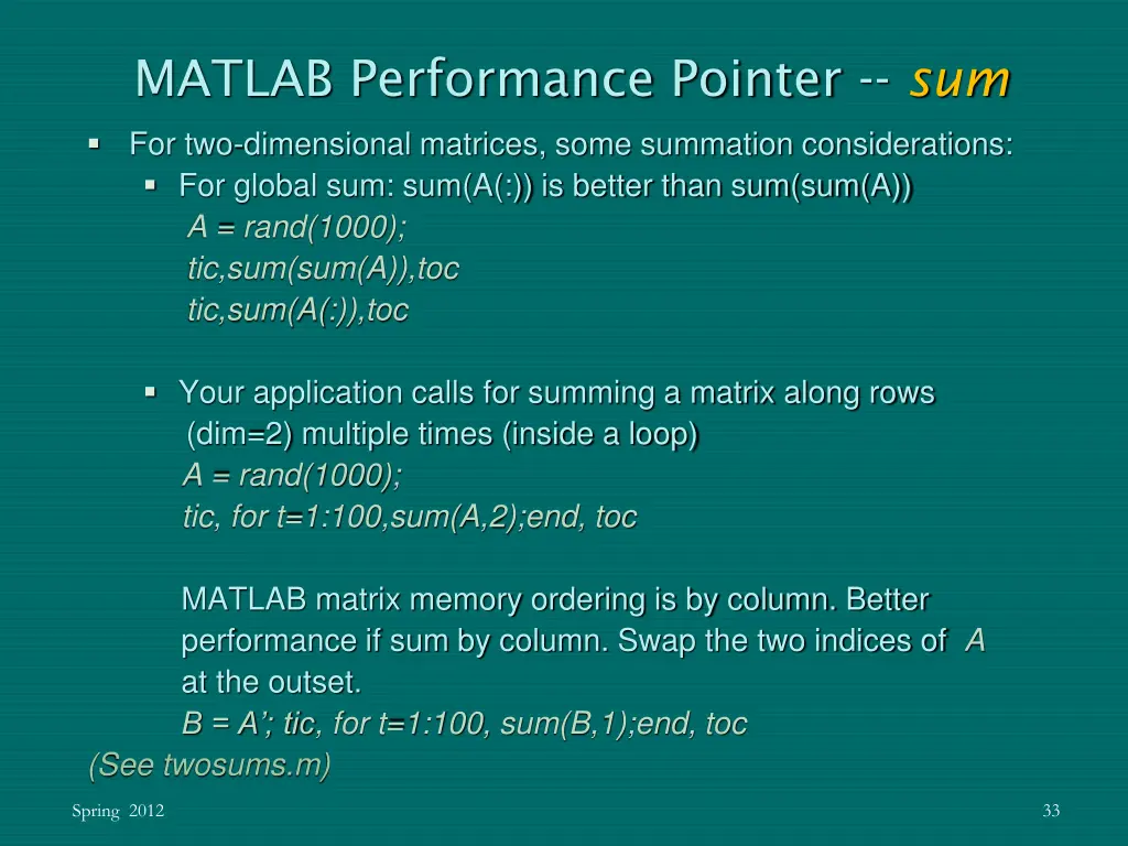 matlab performance pointer sum
