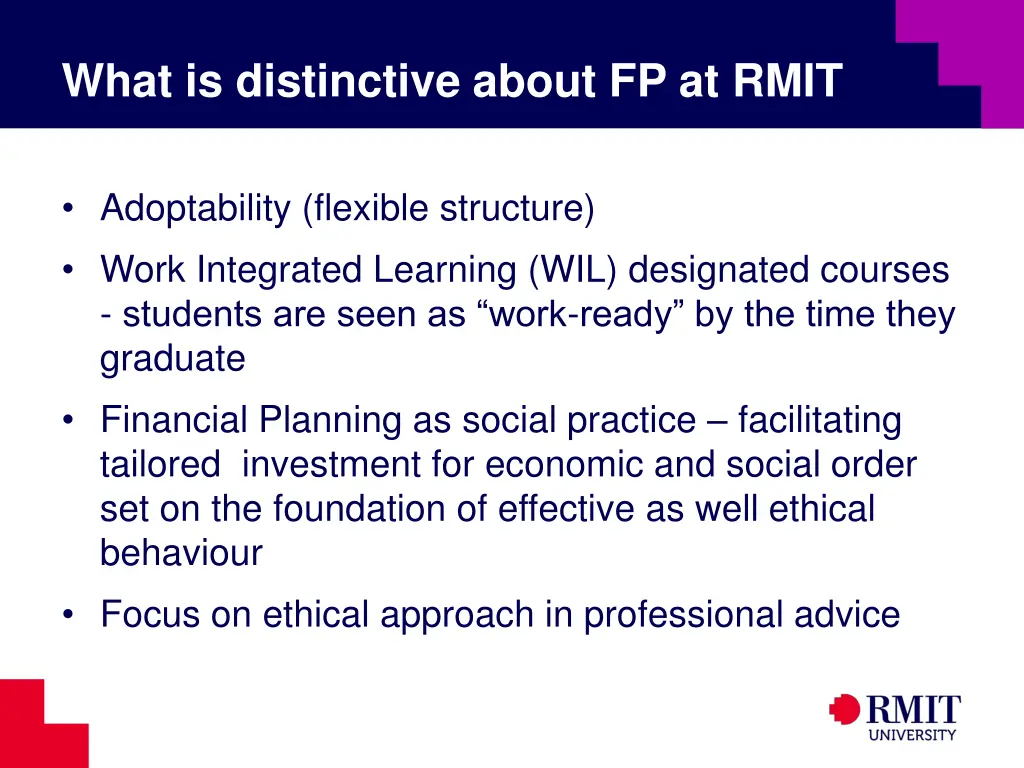 what is distinctive about fp at rmit 1