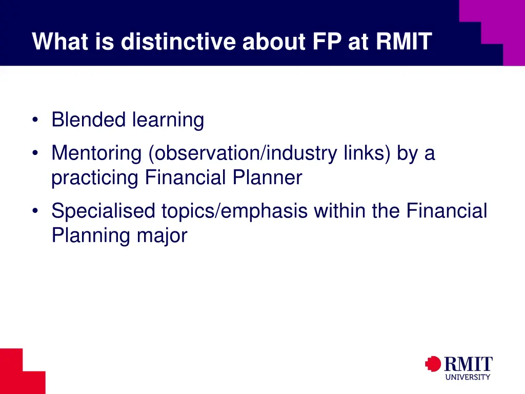 what is distinctive about fp at rmit 2