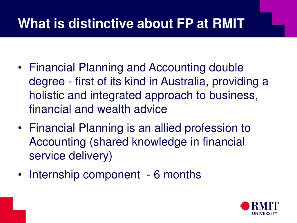 what is distinctive about fp at rmit