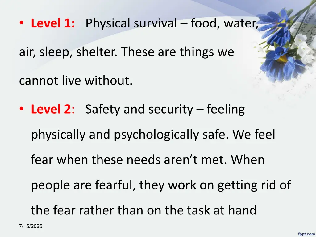 level 1 physical survival food water