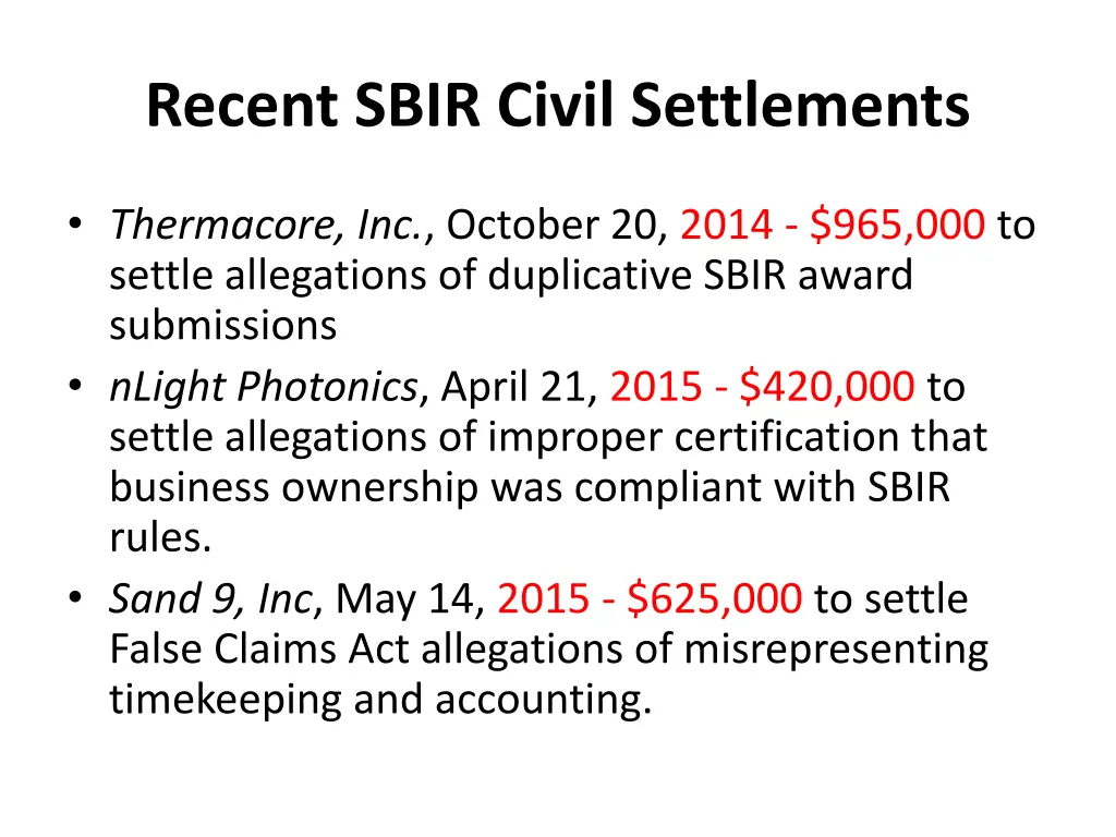 recent sbir civil settlements