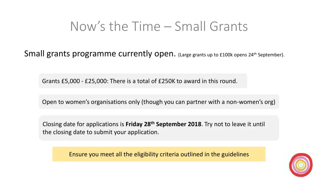 now s the time small grants 1