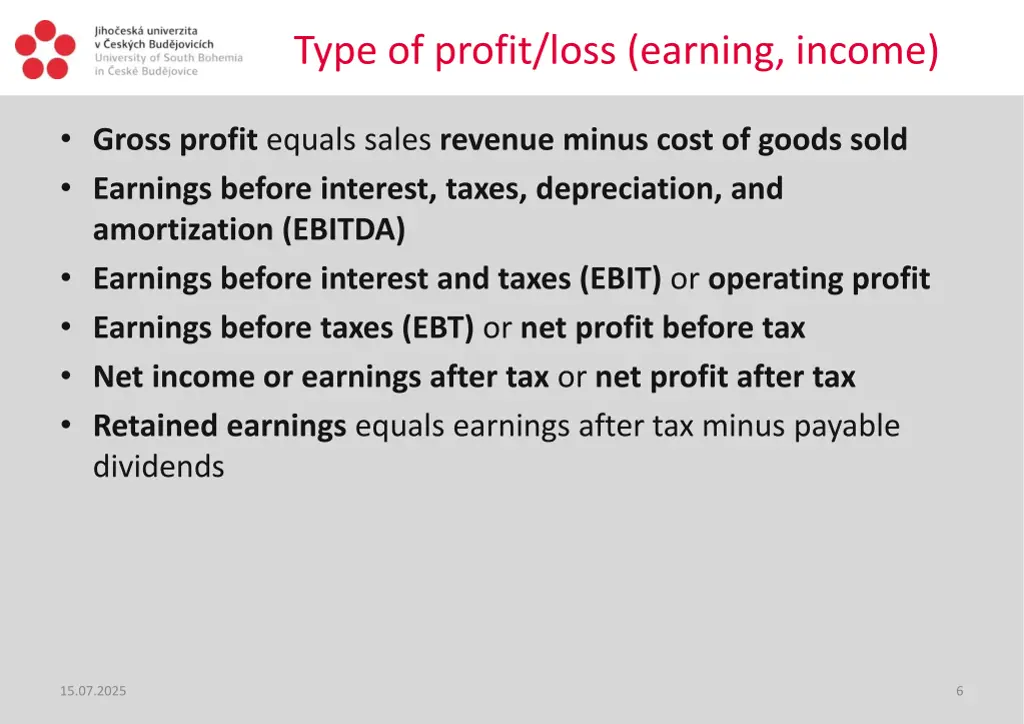 type of profit loss earning income