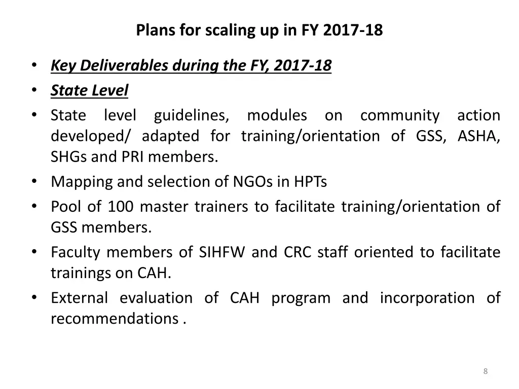 plans for scaling up in fy 2017 18