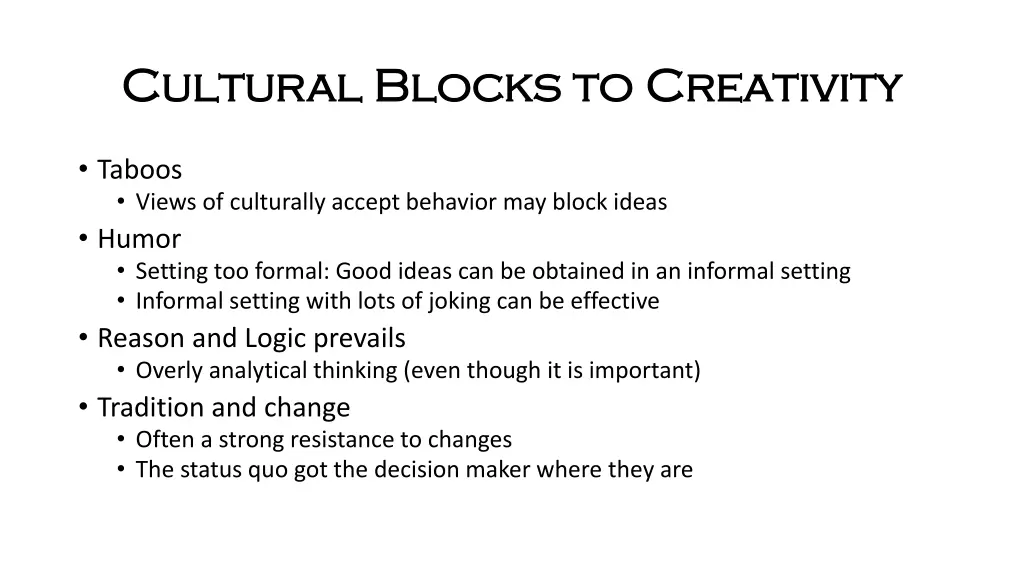 cultural blocks to creativity cultural blocks