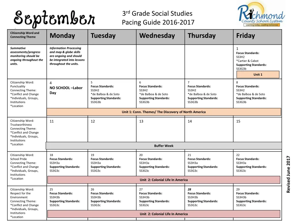 3 rd grade social studies pacing guide 2016 2017