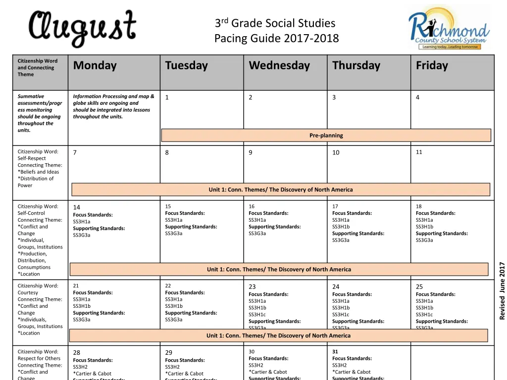 3 rd grade social studies pacing guide 2017 2018