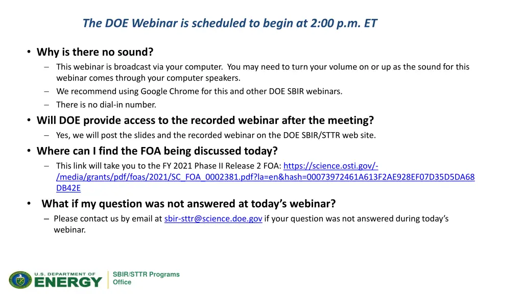 the doe webinar is scheduled to begin
