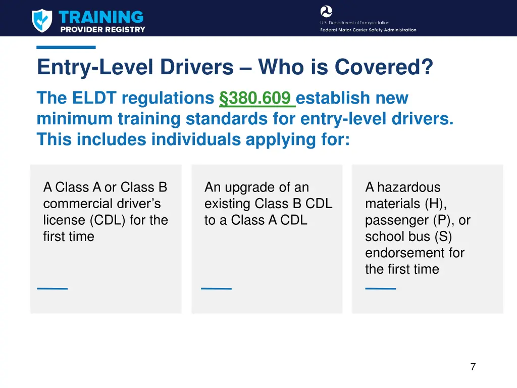 entry level drivers who is covered the eldt