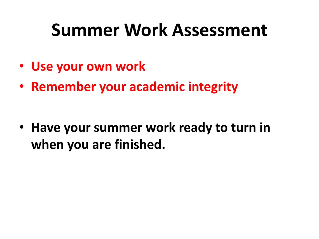 summer work assessment