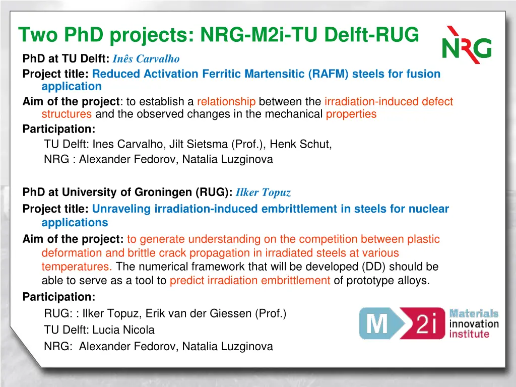 two phd projects nrg m2i tu delft