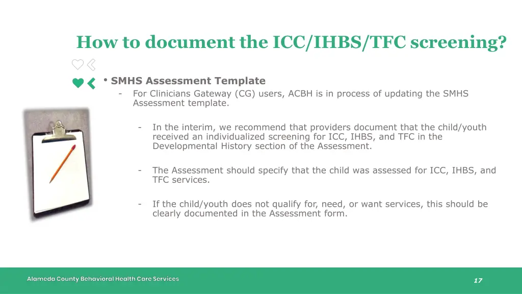 how to document the icc ihbs tfc screening