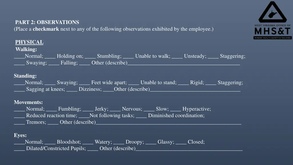 part 2 observations place a checkmark next