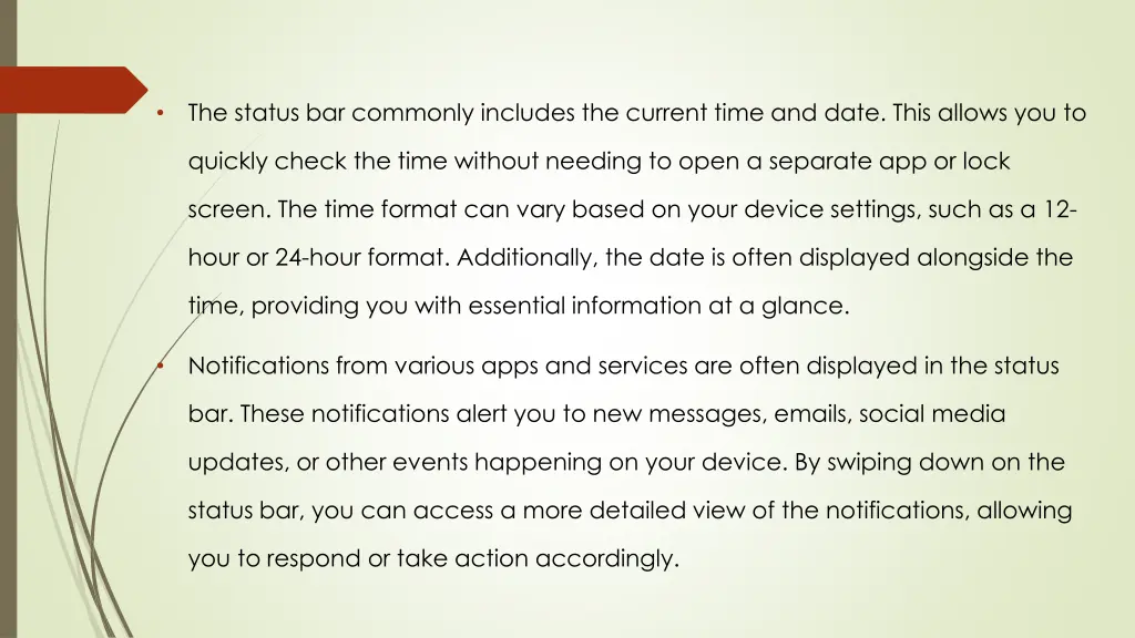 the status bar commonly includes the current time