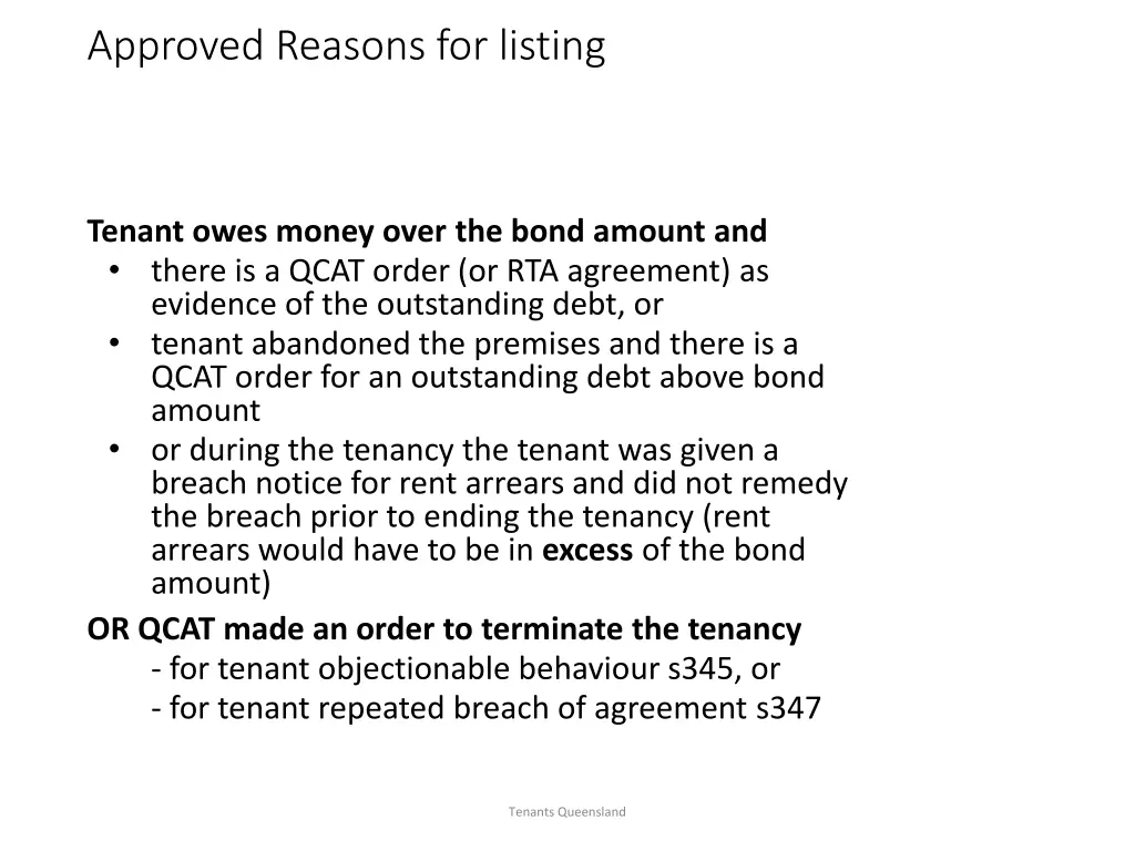 approved reasons for listing