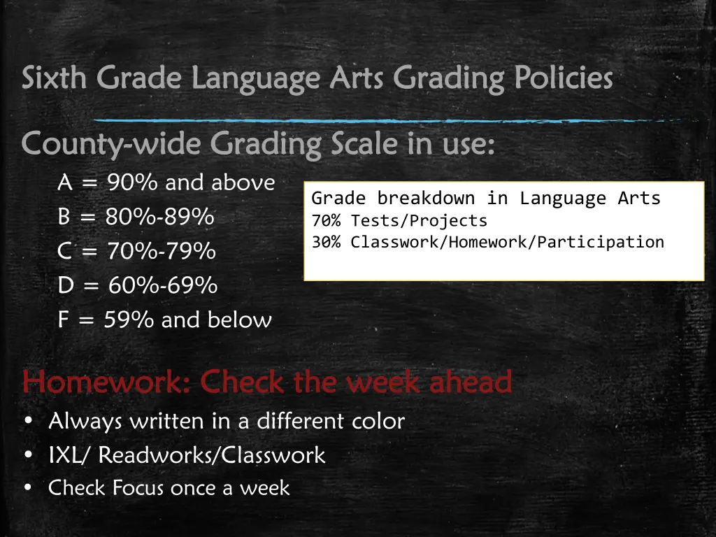 sixth grade language arts grading policies sixth