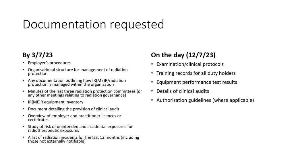 documentation requested