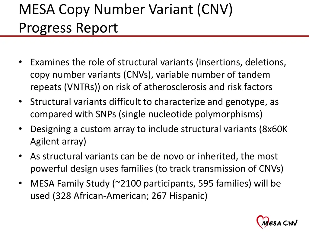 mesa copy number variant cnv progress report